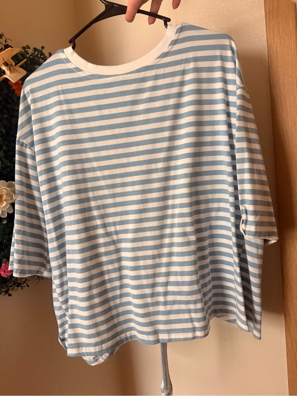 Light Blue and White Striped Women's Boatneck Top